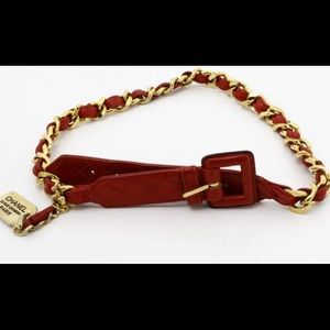 Chanel Vintage Red Leather Belt With Gold-Tone Chain Belt